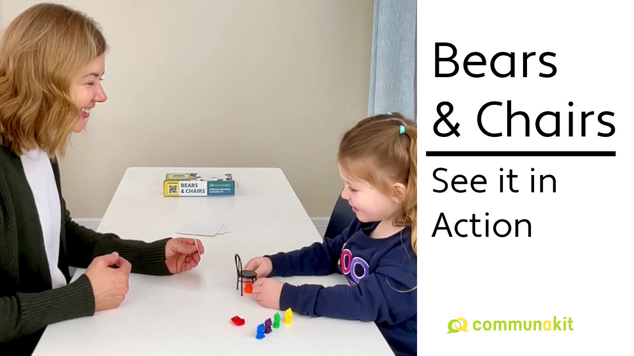 Connie, SLP, is sitting at a table with Chloe (3 years 4 months old) and her mom. They are playing Bears & Chairs.